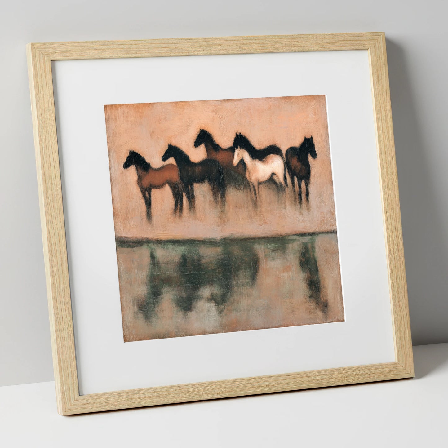 Shadows of the Herd wild horses art print in natural frame