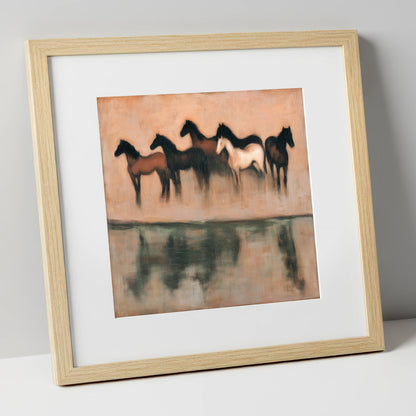 Shadows of the Herd wild horses art print in natural frame