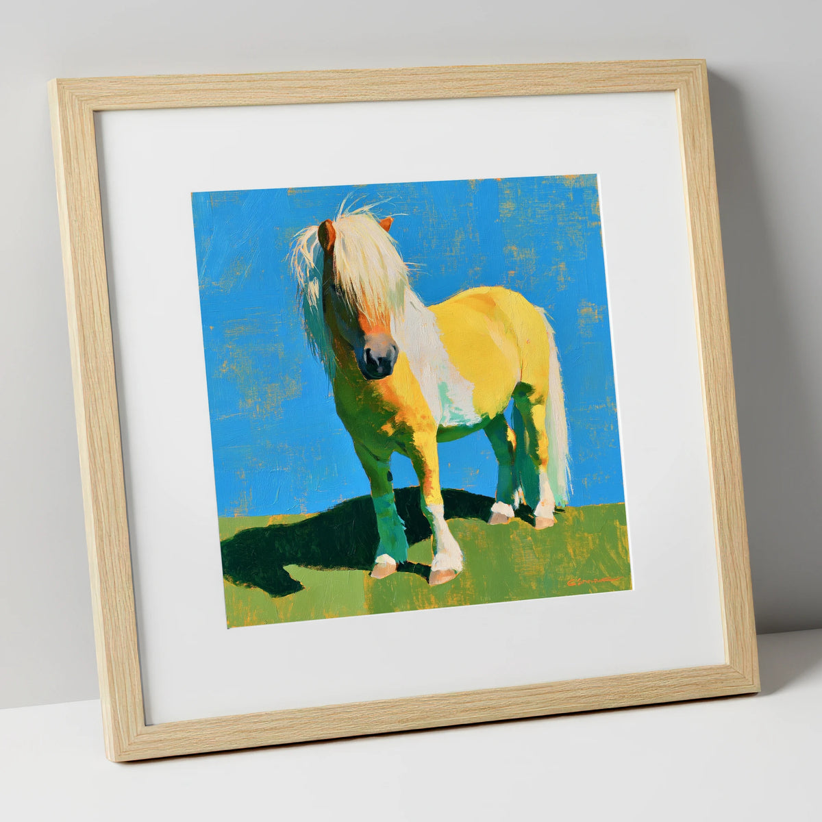 Sunlit Shetland Pony Portrait horse breed art print in natural frame