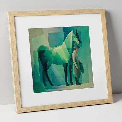 Emerald Geometry horse & rider art print in natural frame