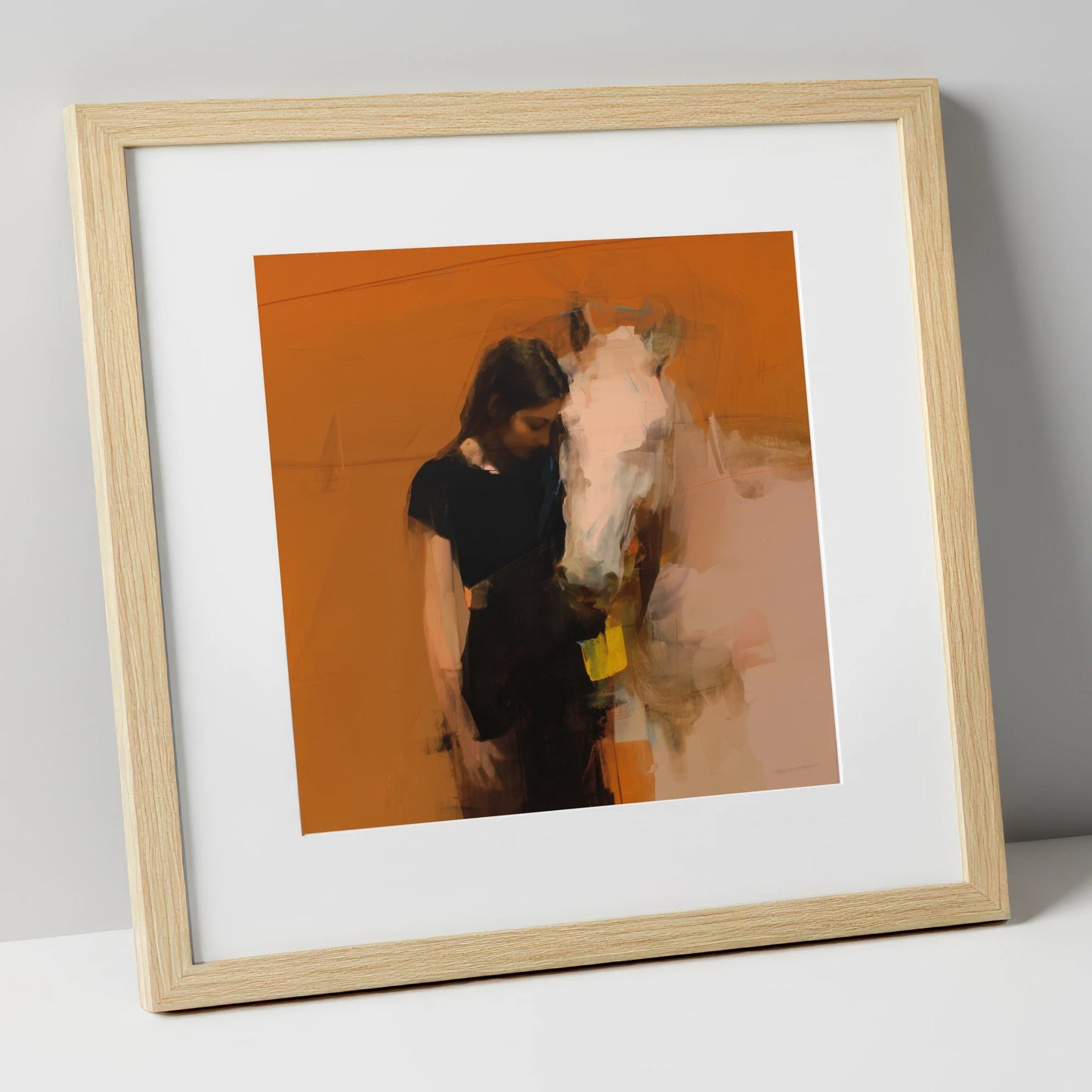 Unspoken Bond horse & rider art print in natural frame