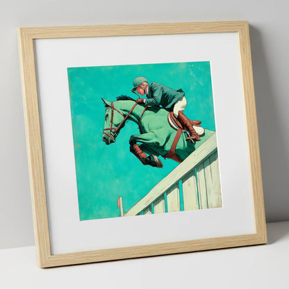 Teal Showjumper show jumping horse art print in natural frame