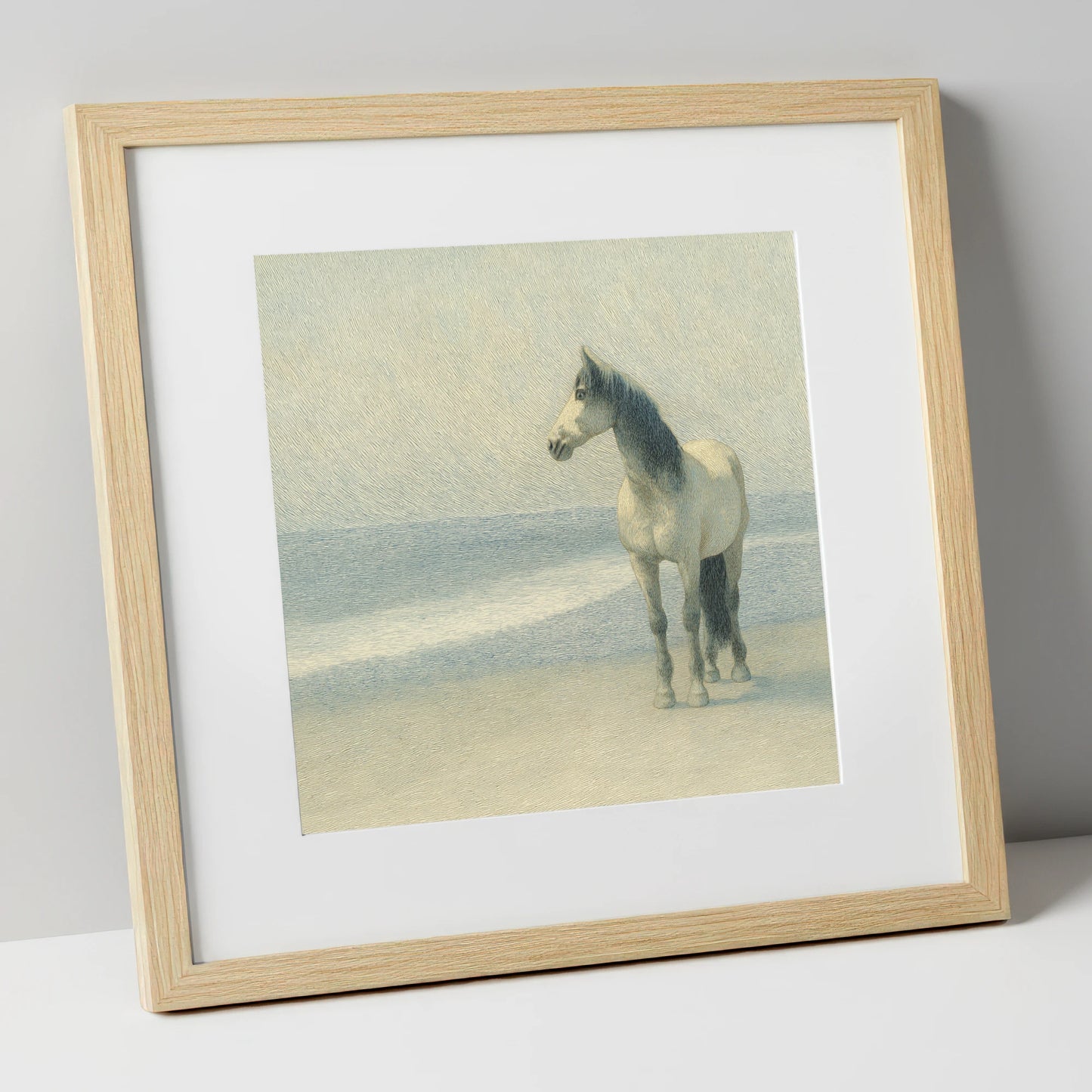 Solitary Shoreline Grey horse landscape art print in natural frame