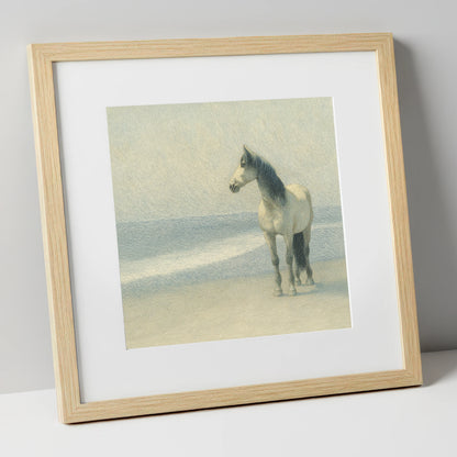 Solitary Shoreline Grey horse landscape art print in natural frame