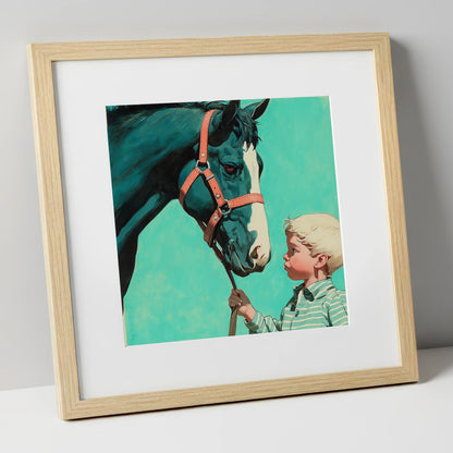 A Quiet Connection horse & rider art print in natural frame