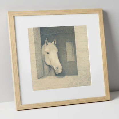 The Quiet Observer horse stable art print in natural frame