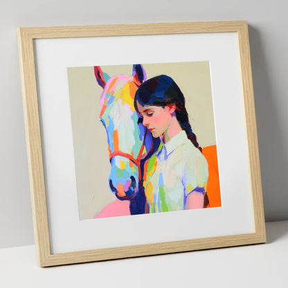 Vibrant Bond horse & rider art print in natural frame