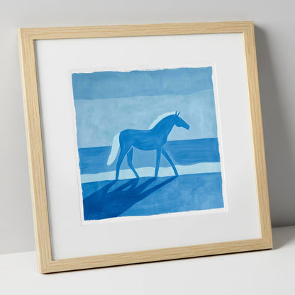 Cobalt Coastal Strides horse landscape art print in natural frame