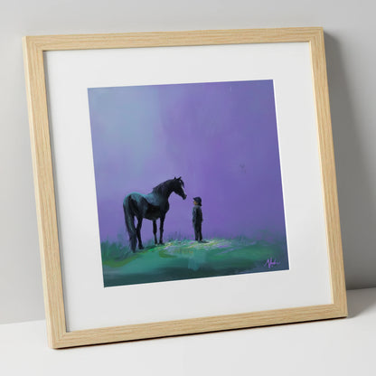 Shared Silence horse & rider art print in natural frame