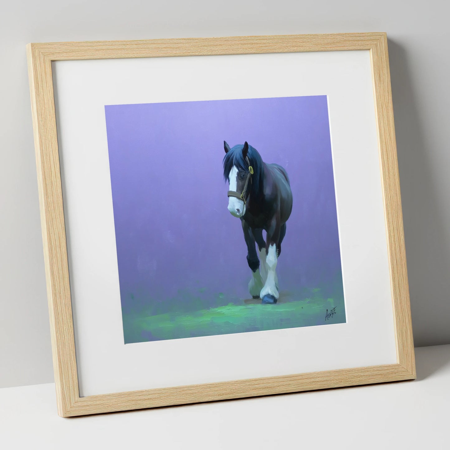 The Stepping Cob horse breed art print in natural frame