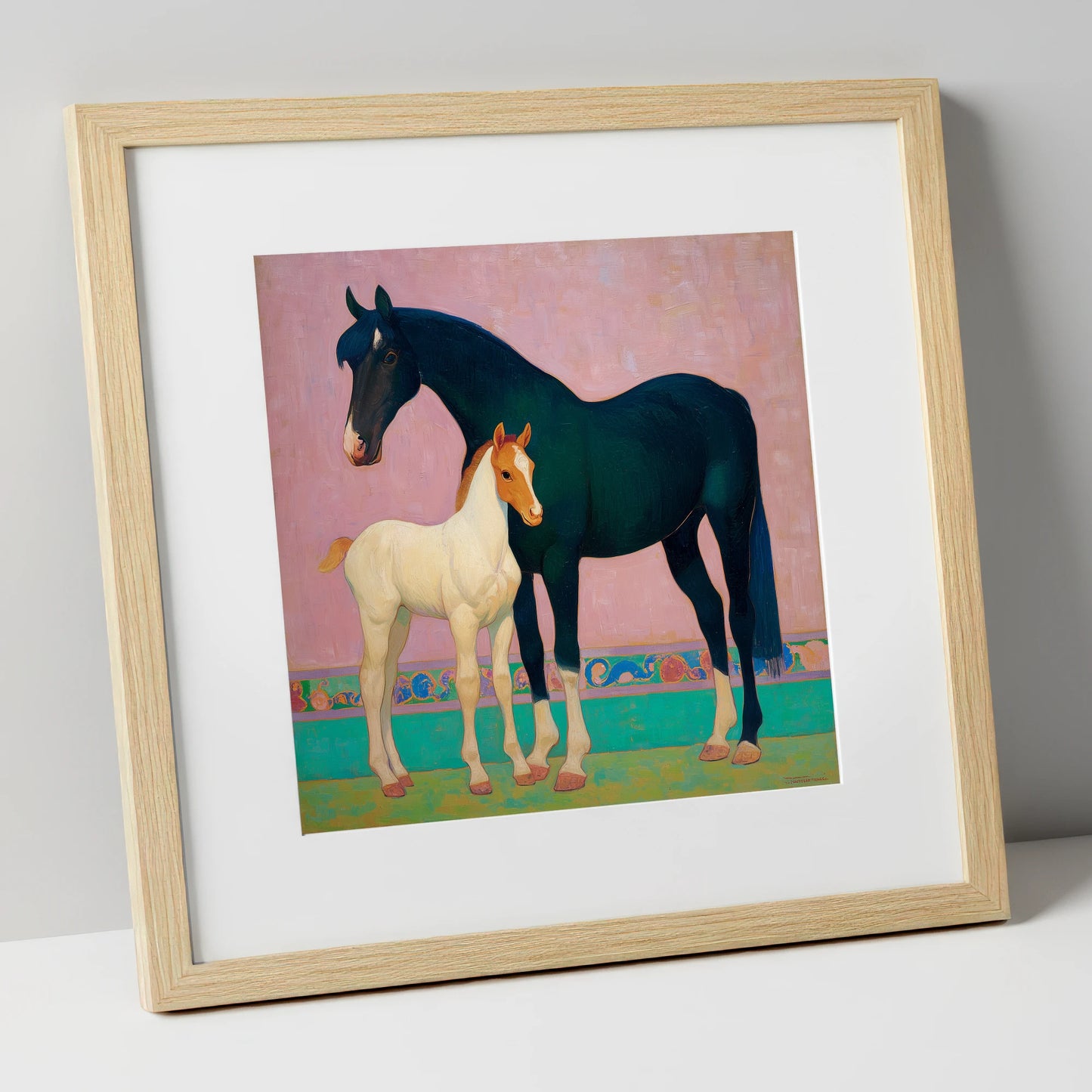 Midnight Mare and Foal mare & foal art print in natural frame