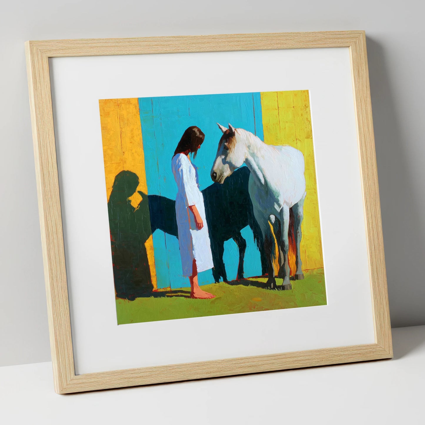 Sunlit Shadows horse & rider art print in natural frame