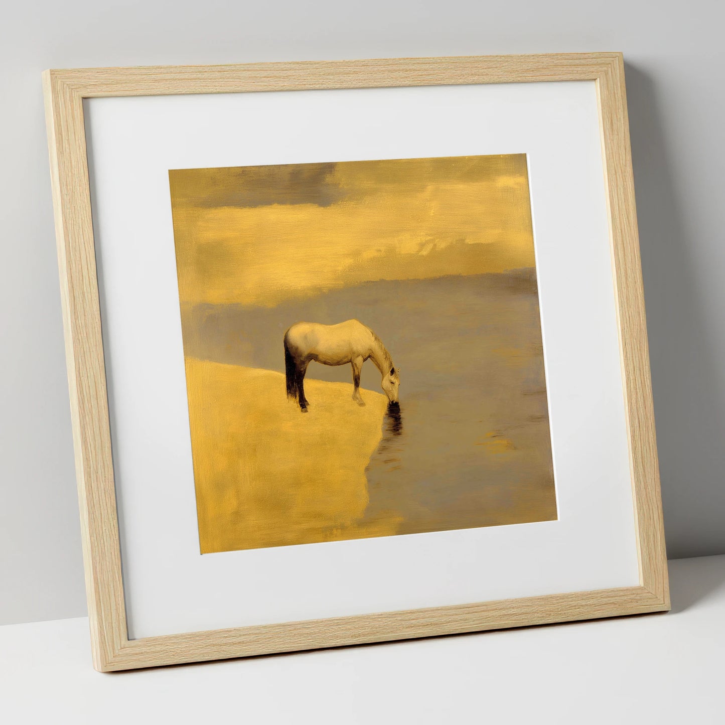 Stillness at the Water's Edge horse landscape art print in natural frame