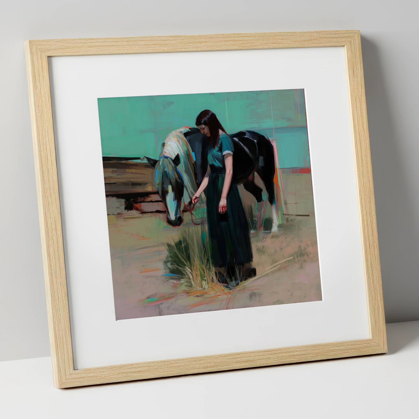 Stillness in Teal horse & rider art print in natural frame