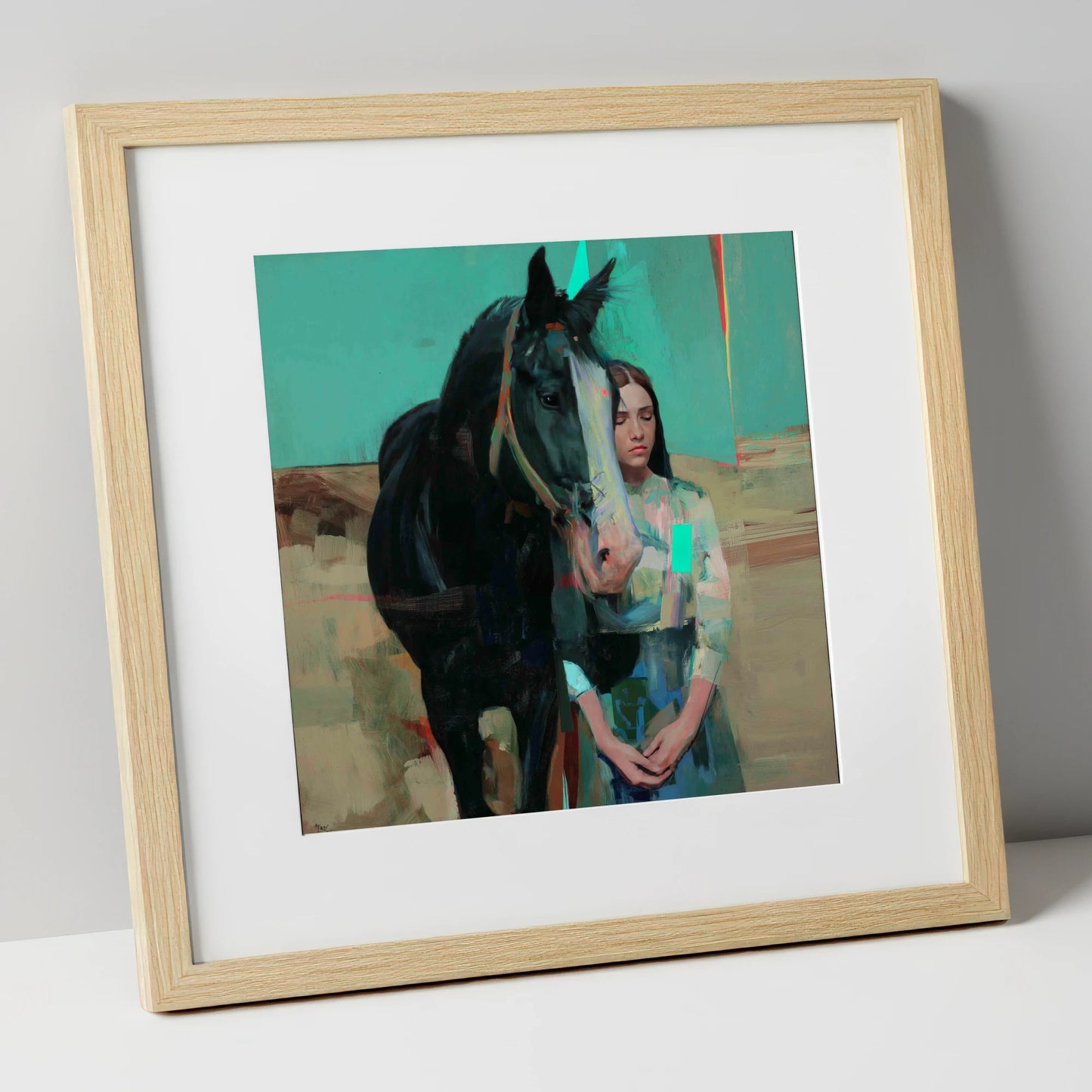 The Quiet Bond horse & rider art print in natural frame