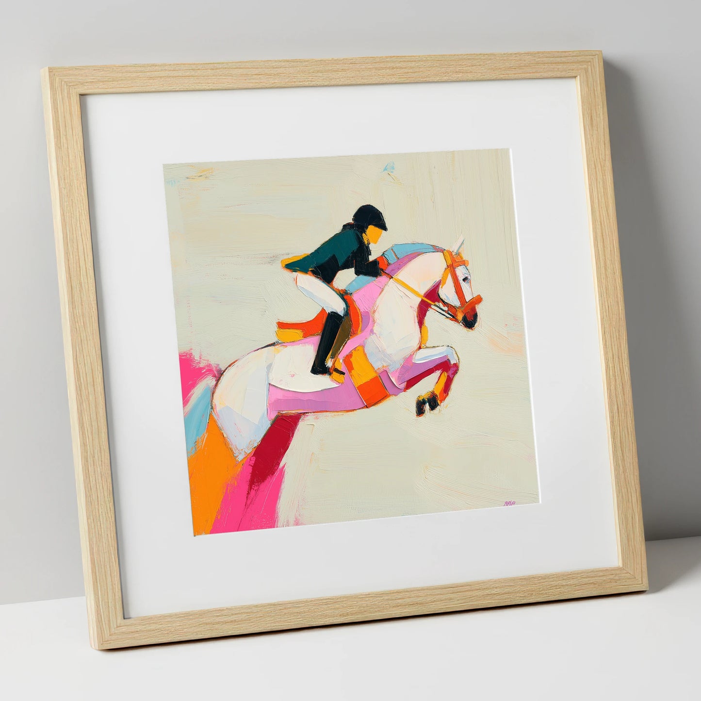 Vivid Bascule show jumping horse art print in natural frame