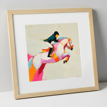 Vivid Bascule show jumping horse art print in natural frame