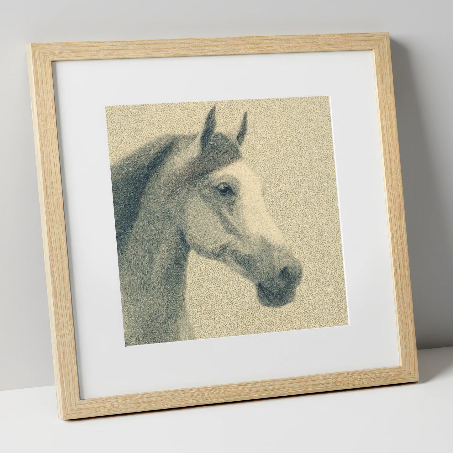 Noble Engraved Profile horse breed art print in natural frame