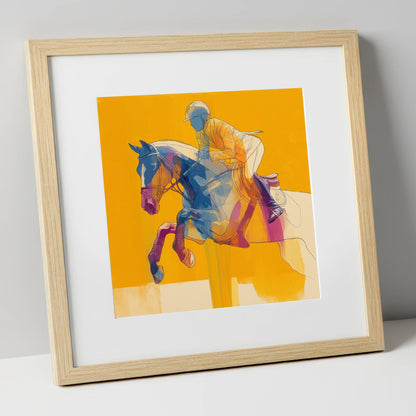 Vibrant Mid-Air Clearance show jumping horse art print in natural frame