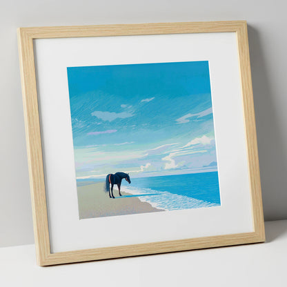 Solitude by the Sea horse landscape art print in natural frame