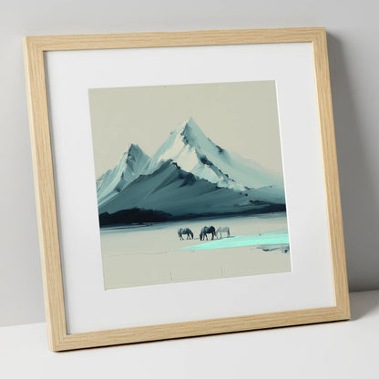 Alpine Valley Grazing horse landscape art print in natural frame