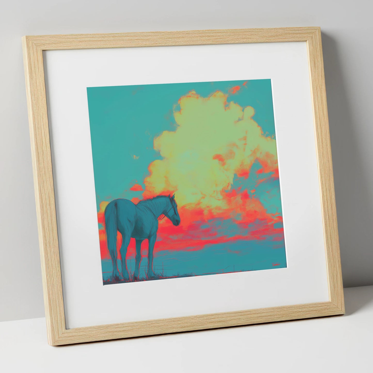 Teal Sunset Horizon horse landscape art print in natural frame