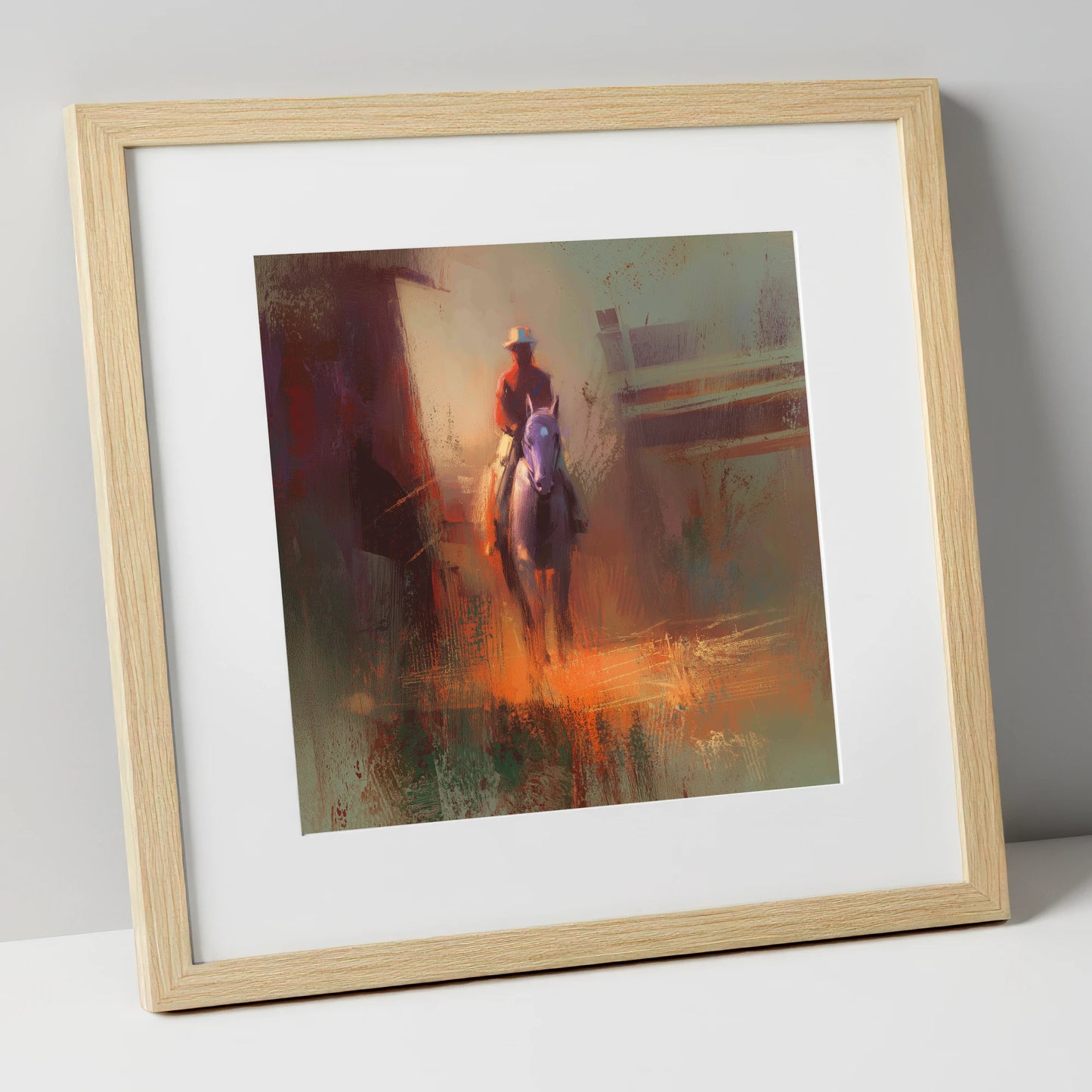 First Light Rider racing horse art print in natural frame
