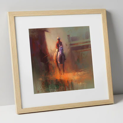 First Light Rider racing horse art print in natural frame