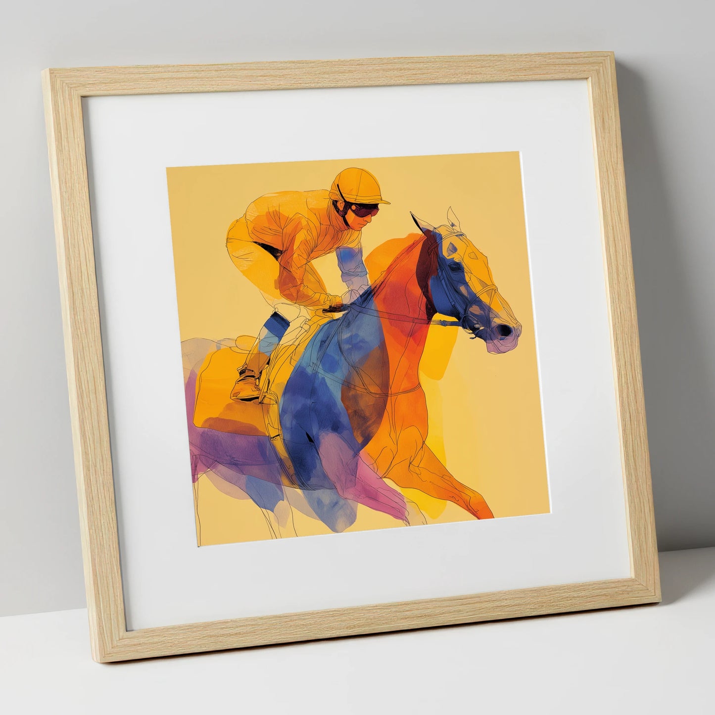 Prismatic Racing Stride racing horse art print in natural frame