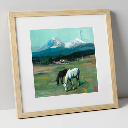 Companions Beneath the Peak horse landscape art print in natural frame