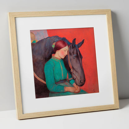 Silent Understanding horse & rider art print in natural frame