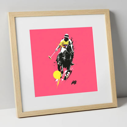 Magenta Chukka polo horse art print in natural frame