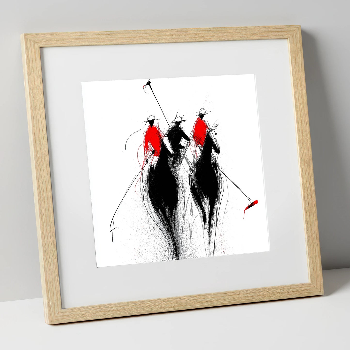 The Crimson Charge polo horse art print in natural frame