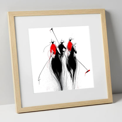 The Crimson Charge polo horse art print in natural frame