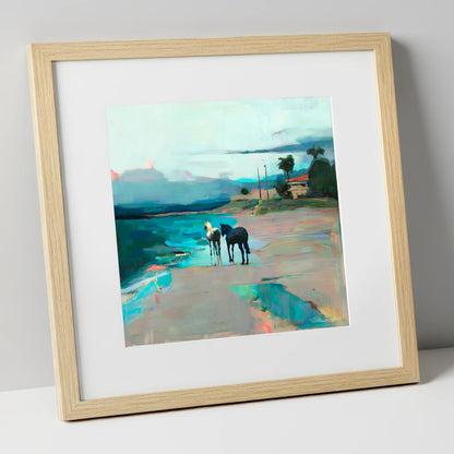 Dusk on the Shoreline horse landscape art print in natural frame