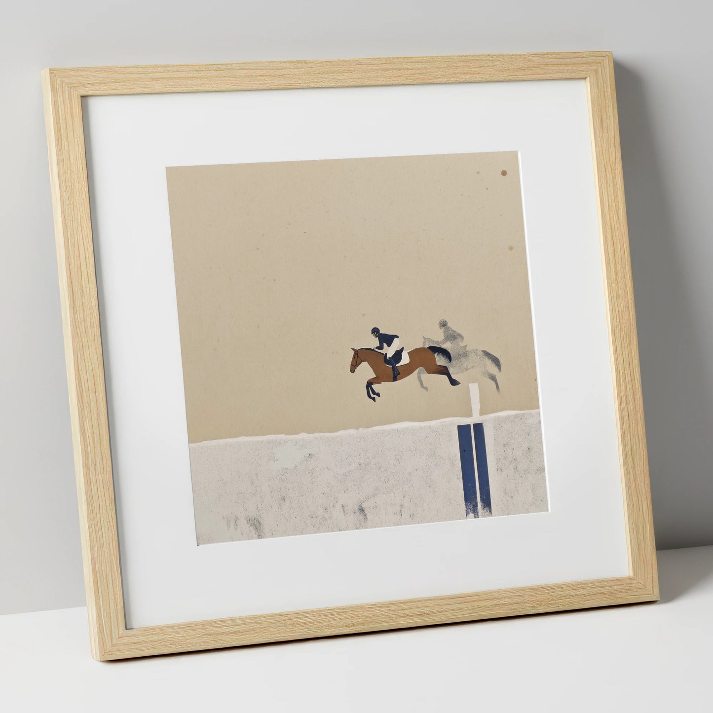 Suspended in Flight show jumping horse art print in natural frame