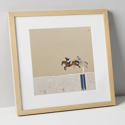 Suspended in Flight show jumping horse art print in natural frame