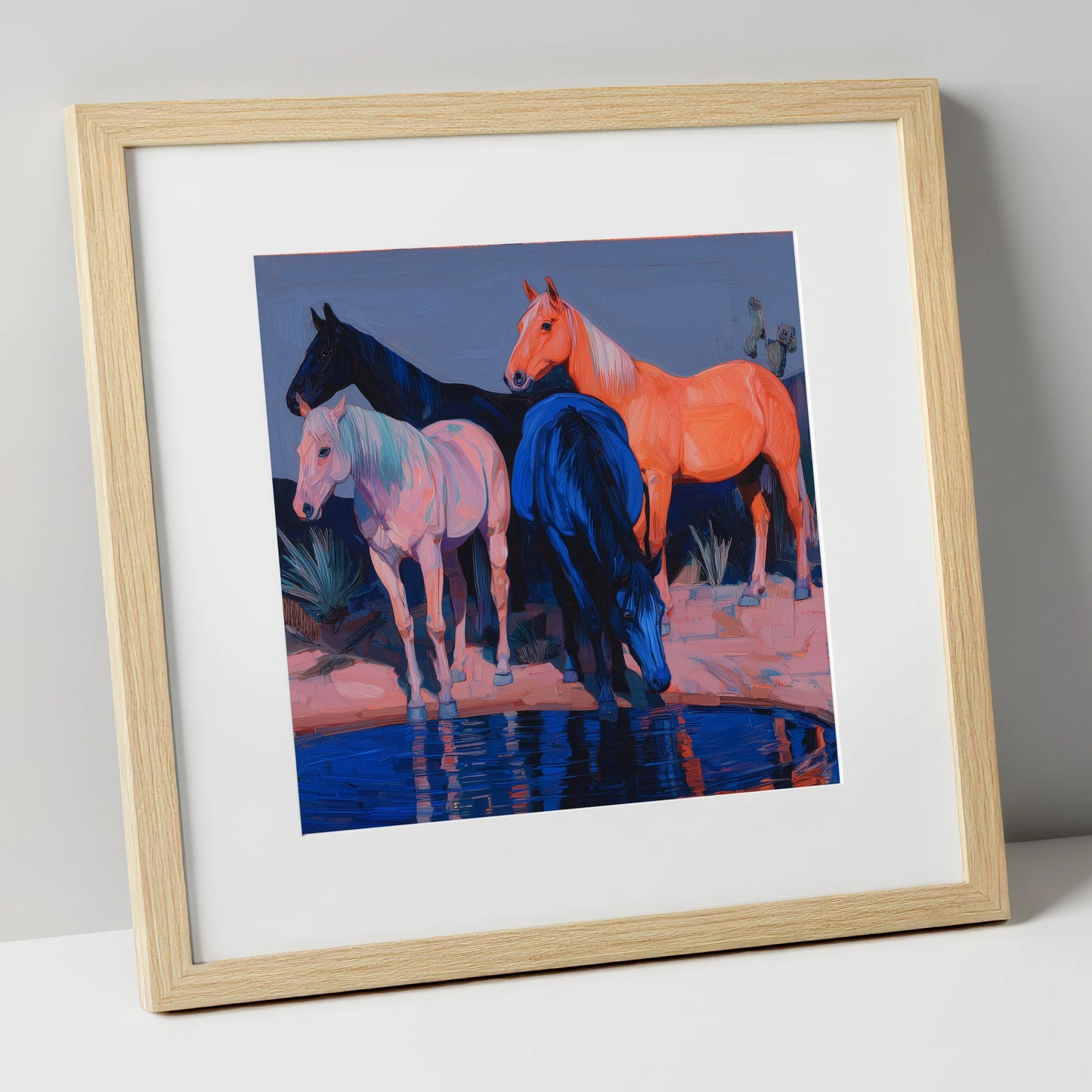 Vivid Desert Oasis wild horses art print in natural frame