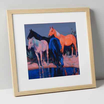 Vivid Desert Oasis wild horses art print in natural frame