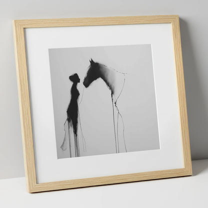 The Unspoken Bond horse & rider art print in natural frame