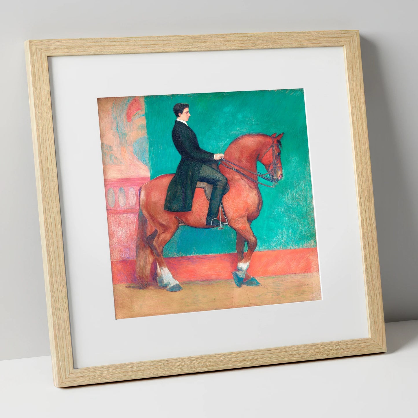 Collected Chestnut in Emerald dressage horse art print in natural frame