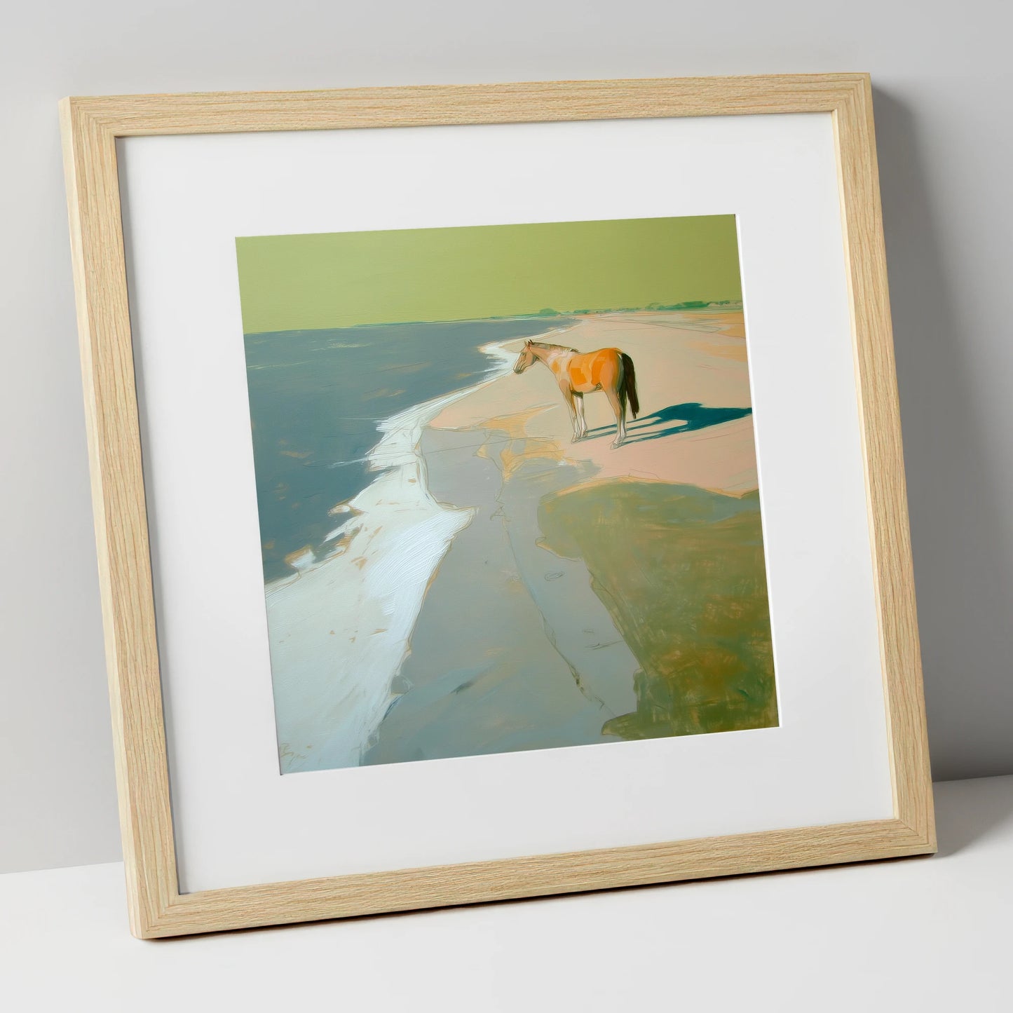 Shoreline Solitude horse landscape art print in natural frame