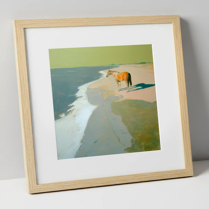 Shoreline Solitude horse landscape art print in natural frame
