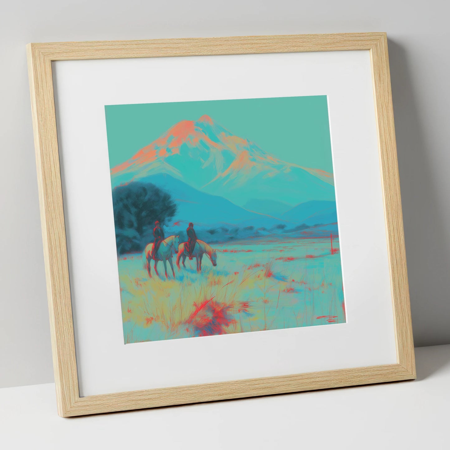 Electric Mountain Hack horse landscape art print in natural frame