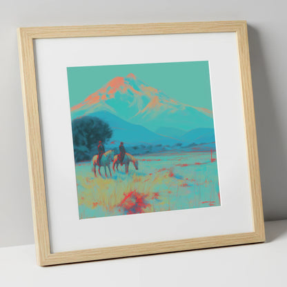 Electric Mountain Hack horse landscape art print in natural frame