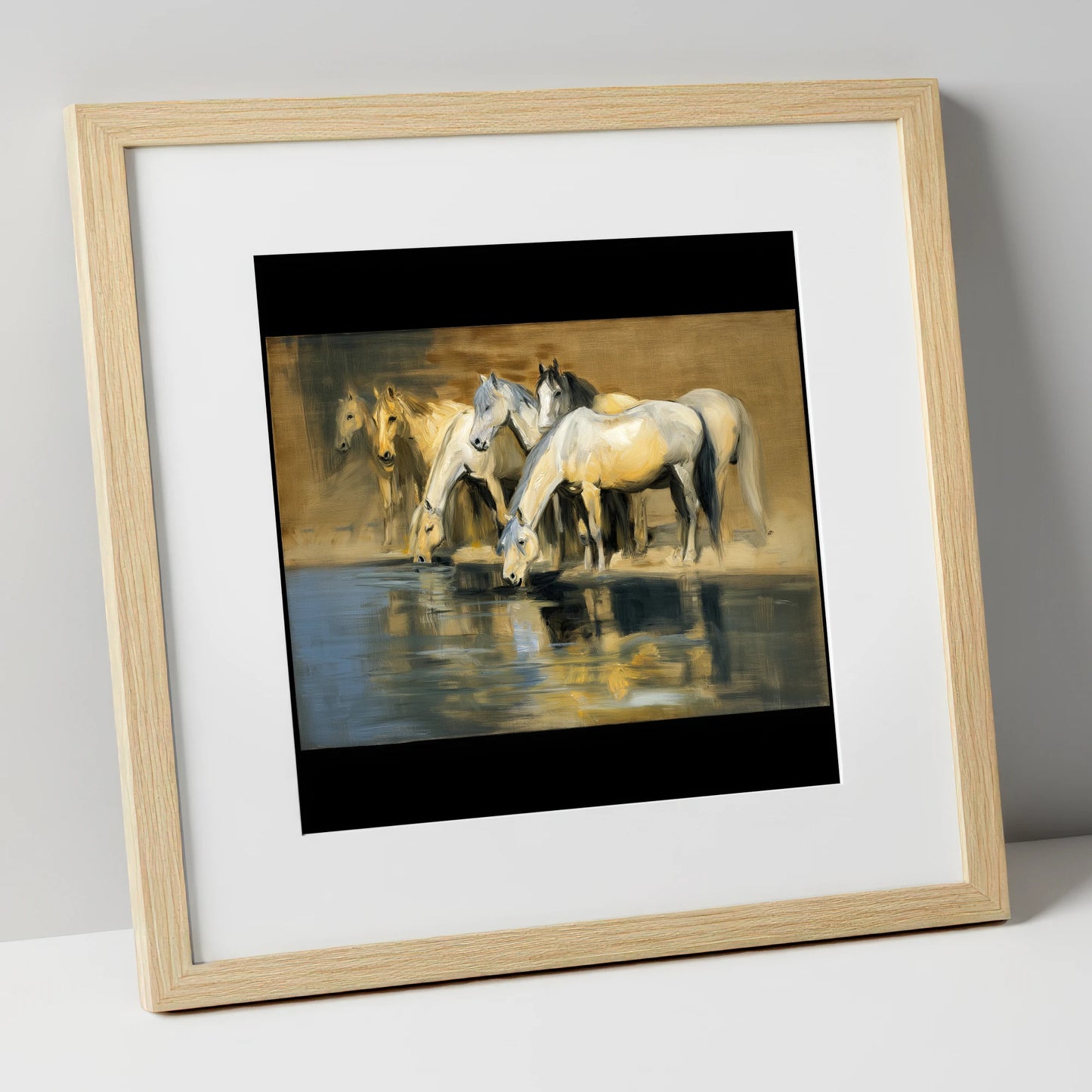 Reflections of the Herd wild horses art print in natural frame
