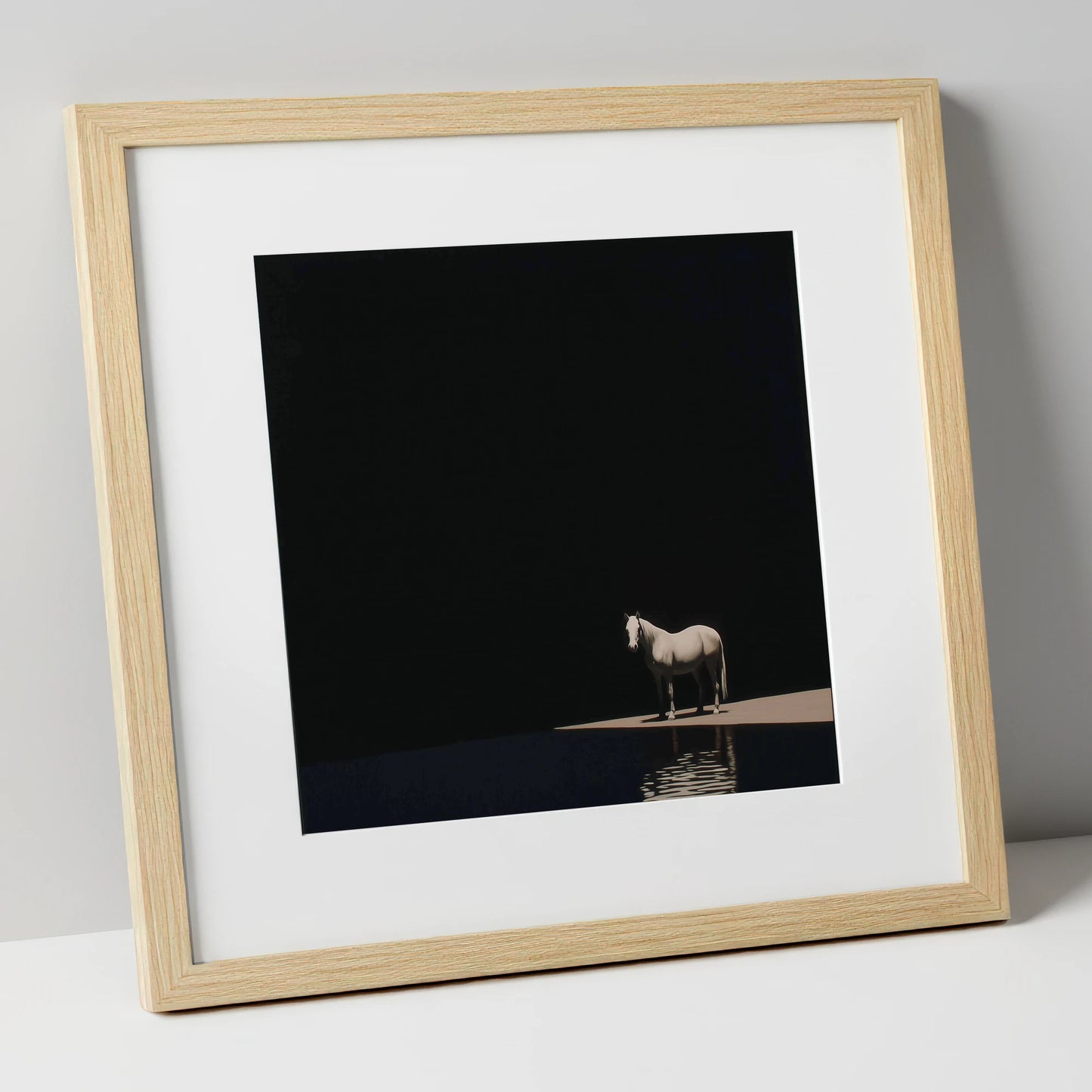 The Luminous Grey horse portrait art print in natural frame
