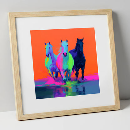 Technicolour Canter wild horses art print in natural frame