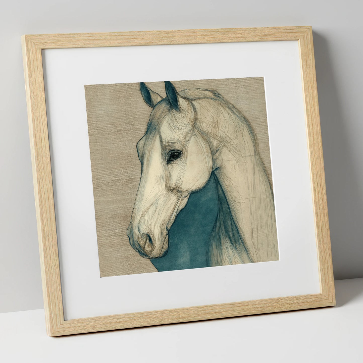 Serene Profile Sketch horse portrait art print in natural frame