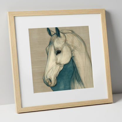 Serene Profile Sketch horse portrait art print in natural frame